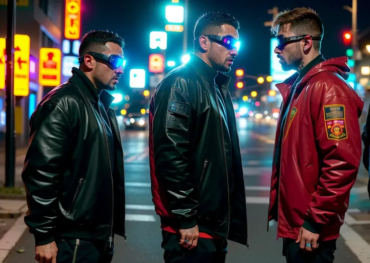 cyberpunk movie style, 

masterpiece, best quality, 8k, , sharp focus, ultrarealistic, 

raw photo of 

((street thugs arguing)), from series everybody's gonna die,  lot of drama and ((action)), cybergoggles, 

((backround defocused)):1.4, (depth of field):1.4