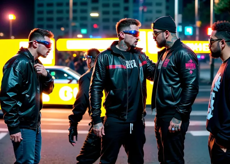 cyberpunk movie style,
masterpiece, best quality, 8k, , sharp focus, ultrarealistic,
raw photo of
((street thugs arguing)), from series everybody's gonna die, lot of drama and ((action)), cybergoggles,
((backround defocused)):1.4, (depth of field):1.4