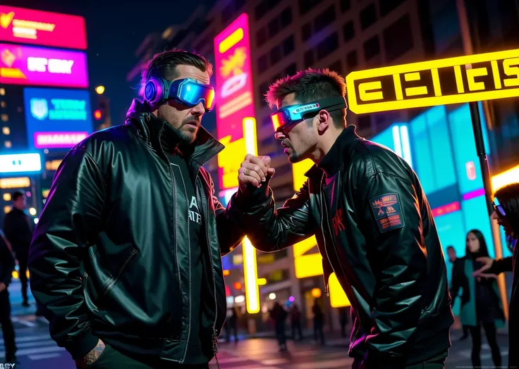 cyberpunk movie style, 

masterpiece, best quality, 8k, , sharp focus, ultrarealistic, 

raw photo of 

((street thugs arguing)), from series everybody's gonna die,  lot of drama and ((action)), cybergoggles, 

((backround defocused)):1.4, (depth of field):1.4
