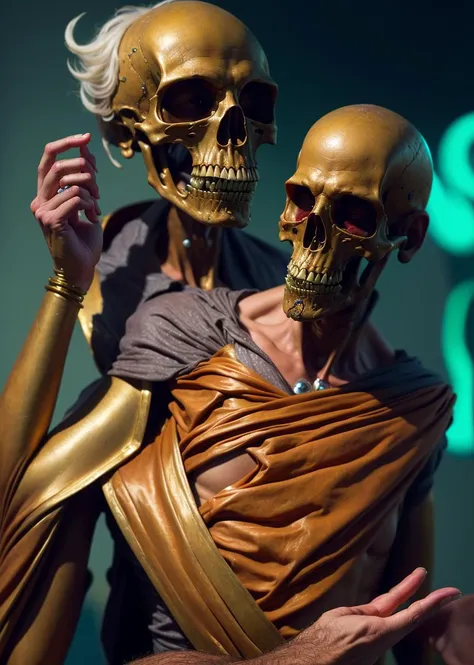 apterus style,
masterpiece, best quality, 8k, artstation, sharp focus, ultrarealistic, high details,
raw photo of
death and the miser,
((full body shot)),
((backround defocused)):1.7, (((depth of field))):1.8