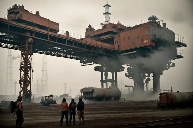 RAW photo, orbital shipyard, Mechanical assembly line, automation, industrial, steampunk, red, brown, gray, faded, dirty, smoke, crisp, cinematic, by Simon Stalenhag