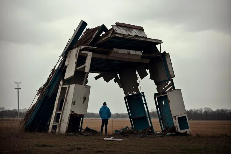 RAW photo, broken pieces of sculpture, cinematic, by Simon Stalenhag