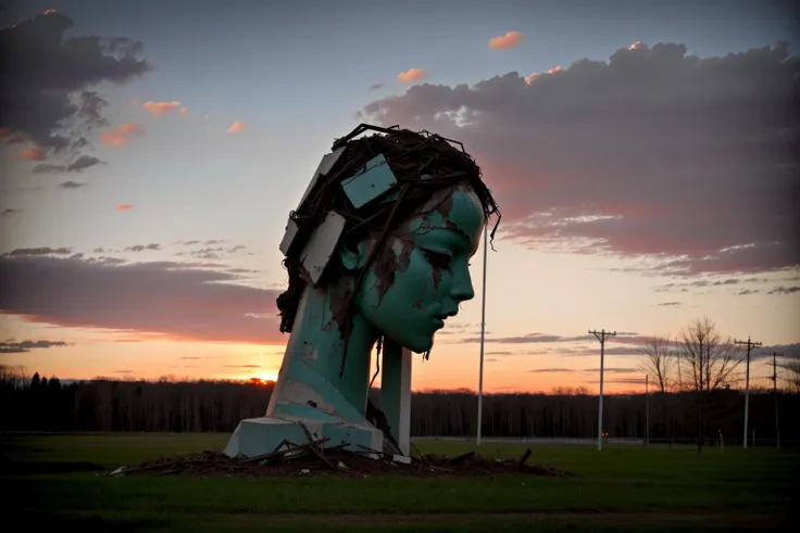 RAW photo, broken pieces of girl sculpture, cinematic, by Simon Stalenhag