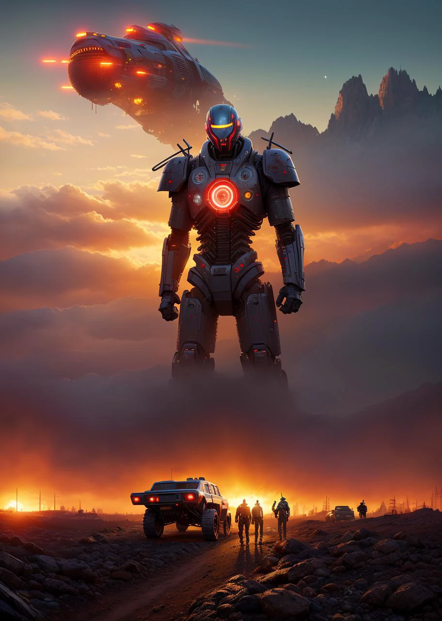 simon stalenhag style, masterpiece, best quality, 8k, , sharp focus, ultrarealistic, raw photo of
Vivid western cityscape, Scalp hunters seek bloody fate amongst giant fallen robots, Humanity lost.
((backround defocused)):1.4, (depth of field):1.4