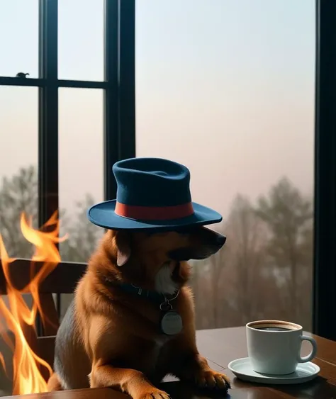 award winning (high quality erotic colored photo),
of a
(((dog wearing hat))), sitting on a chair at a table, (((mug of coffee on a table))),
(((room is burning))):1.8,
technicolor, cinematic lighting, reflections, HDR, 8k resolution, cinematic film still, smooth, sharp focus, realistic, strobe lightbeams, ((backround defocused)):1.7, (((depth of field))):1.8,
cinestill 800t 35mm, high quality, heavy grain, high detail, cinematic composition, dramatic light, anamorphic, ultra wide lens, hyperrealistic