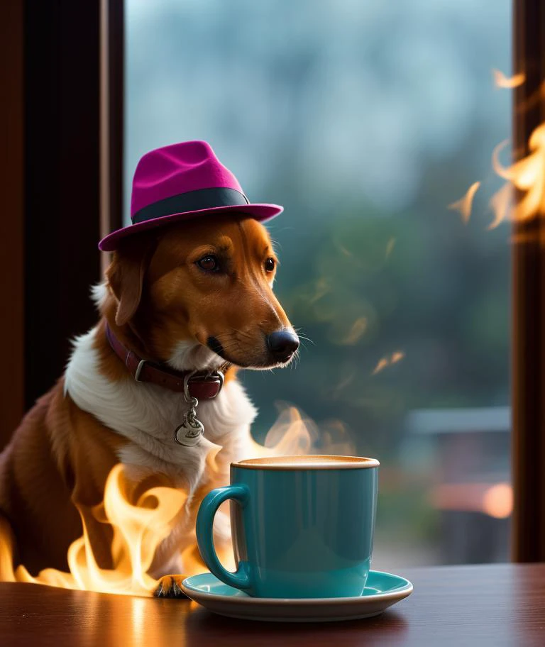 award winning (high quality erotic colored photo),
of a
(((dog wearing hat))), sitting on a chair at a table, (((mug of coffee on a table))),
(((room is burning))):1.8,
technicolor, cinematic lighting, reflections, HDR, 8k resolution, cinematic film still, smooth, sharp focus, realistic, strobe lightbeams, ((backround defocused)):1.7, (((depth of field))):1.8,
cinestill 800t 35mm, high quality, heavy grain, high detail, cinematic composition, dramatic light, anamorphic, ultra wide lens, hyperrealistic