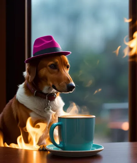 award winning (high quality erotic colored photo),
of a
(((dog wearing hat))), sitting on a chair at a table, (((mug of coffee on a table))),
(((room is burning))):1.8,
technicolor, cinematic lighting,  reflections,  HDR, 8k resolution,  cinematic film still, smooth,  sharp focus,  realistic,  strobe lightbeams, ((backround defocused)):1.7, (((depth of field))):1.8,
cinestill 800t 35mm, high quality, heavy grain, high detail, cinematic composition, dramatic light, anamorphic, ultra wide lens, hyperrealistic