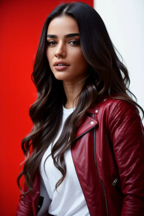 <lora:trkhslds:0.8>, a beautiful trkshlds woman with long hair wearing a red leather jacket and a white shirt and a black background with a black background
masterpiece, ultra realistic, 8k, detailed, elaborate, high quality,