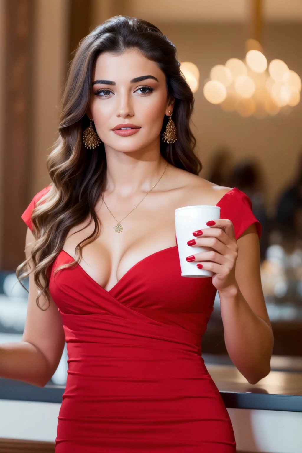 <lora:trkhslds:0.8>, a beautiful trkshlds woman in a red dress holding a cup of coffee and looking at the camera with a serious look on her face
masterpiece, ultra realistic, 8k, detailed, elaborate, high quality,