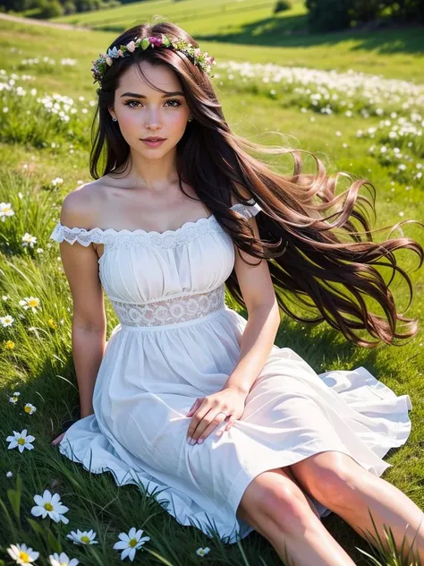 close up, beautiful watercolor-style illustration of a beautiful woman sitting on a grassy hill wearing a flowing dress adorned with ribbons and bows, breeze blow her hair and dress, all while imagining the amazing adventures awaiting her, vivid landscapes