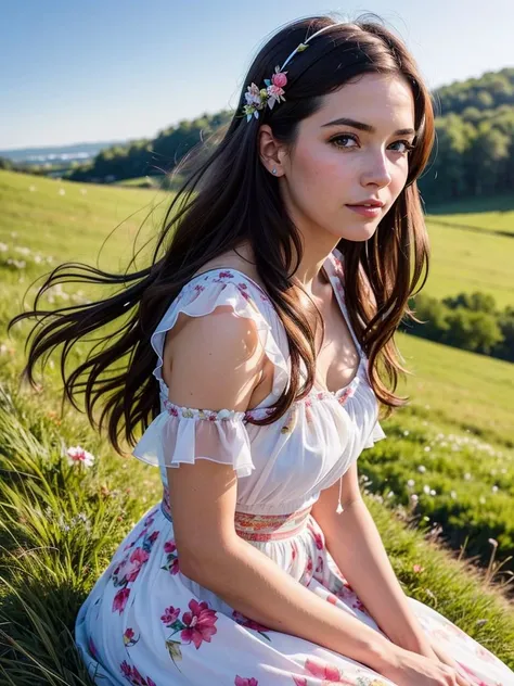 close up, beautiful watercolor-style illustration of a beautiful woman sitting on a grassy hill wearing a flowing dress adorned with ribbons and bows, breeze blow her hair and dress, all while imagining the amazing adventures awaiting her, vivid landscapes