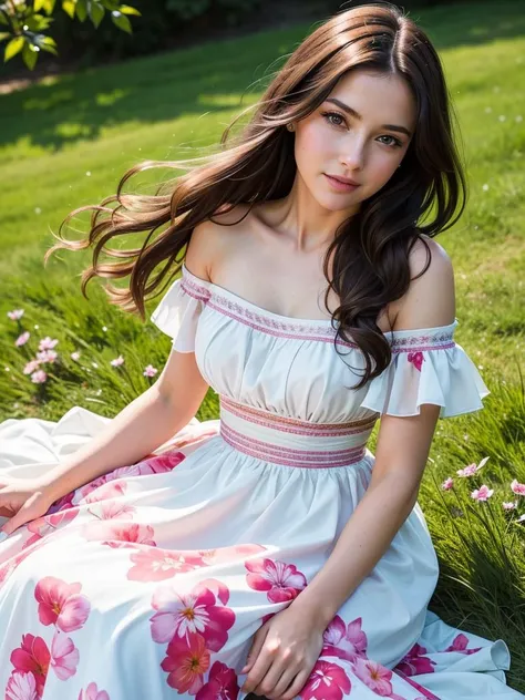 close up, beautiful watercolor-style illustration of a beautiful woman sitting on a grassy hill wearing a flowing dress adorned with ribbons and bows, breeze blow her hair and dress, all while imagining the amazing adventures awaiting her, vivid landscapes