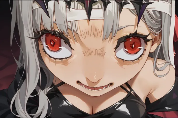 score_9, score_8_up,score_7_up, score_6_up BREAK insanity-angle, 1girl, letterboxed, modernia2nd, crazy eyes, red eyes, grey hair, long hair, bangs, purple hair ribbon, tiara, bandaged head, black dress, cleavage, halterneck <lora:modernia-nikke-richy-v1_pdxl:1> <lora:insanity-angle:1.5>