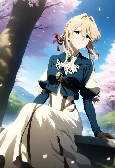 1girl, solo, <lora:violet_evergarden_XL_v1(anima):0.9> aave, braid, hair ribbon, red ribbon, jewelry, white ascot, brooch, blue jacket, long sleeves, brown gloves, white dress, long dress, sitting, outdoors, cherry blossoms, falling petals, sky, cloud, dappled sunlight, cinematic angle, (masterpiece), (best quality), (ultra-detailed), very aesthetic, illustration, perfect composition, intricate details,