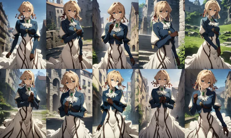 masterpiece, best quality, very aesthetic, absurdres, aave, braid, hair ribbon, red ribbon, jewelry, white ascot, brooch, blue jacket, long sleeves, brown gloves, white dress, long dress, <lora:violet_evergarden_XL_v1(anima):0.9>, standing, cowboy shot, outdoors, looking at viewer,