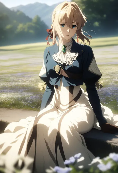 1girl, solo, <lora:violet_evergarden_XL_v1(anima):0.9> aave, braid, hair ribbon, red ribbon, jewelry, white ascot, brooch, blue jacket, long sleeves, brown gloves, white dress, long dress, sitting, outdoors, field, flowers, dappled sunlight, cinematic angle, (masterpiece), (best quality), (ultra-detailed), very aesthetic, illustration, perfect composition, intricate details,