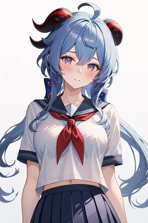 best quality, masterpiece, highres, solo, {ganyu_genshin:1.15}, blue_hair, long_hair, bangs, horns, purple_eyes, ahoge, breasts, blush, goat_horns, sidelocks, bell, upper_body, medium_breasts, large_breasts, neck_bell, 1girl, looking_at_viewer, neckerchief, sailor_collar, school_uniform, serafuku, shirt, alternate_costume, pleated_skirt, simple_background, skirt, white_background, white_shirt, black_skirt, closed_mouth, short_sleeves, hair_between_eyes