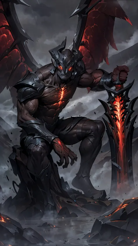 dark shot, gothic style, (close up portrait), beautiful, <lora:Aatrox:1> GodKing, glowing eyes, 1boy, , solo, (red muscles:1.1), hold red glowing fantasy sword, sitting on stone, (white color face, black lips:1.1), angry, formidable , bodybuilder body, warrior, desert background, mountain background, (fog, gloomy, rain, lava:1.2), humanoid biologic alien creature face, flying in the sky pose