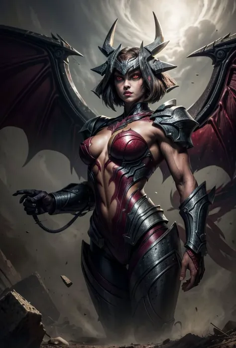 4k, 8k, best quality, ultra high res, (photorealistic:1.4),(masterpiece:1.2), best quality, masterpiece, highres, original, extremely detailed wallpaper, (ultra-detailed), (best illustration), (best shadow), (realism), realistic,
((1girl)), GodKing, aatrox, big eyes, glowing eyes, (small breasts:1.2), dragon scale armor, chest armor, muscular, demon wings, 
ruins,
 <lora:more_details:0.6> <lora:Aatrox:0.9>