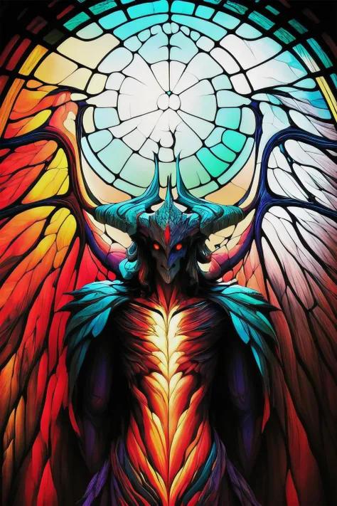 Highly detailed, High Quality, Masterpiece, beautiful, <lora:Aatrox-03:1.0> GodKing, glowing eyes, 1boy, solo, <lora:Stained_Glass_Story:1.3>, stained_glass, transparent, backlight