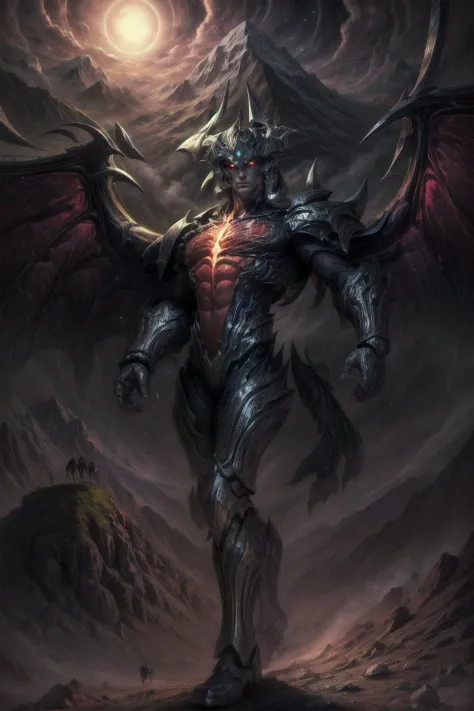 Highly detailed, High Quality, Masterpiece, beautiful, <lora:Aatrox-03:1.0> GodKing, glowing eyes, 1boy, solo, full body, mountain, sky, face, portrait, night, <lora:more_details:1>,