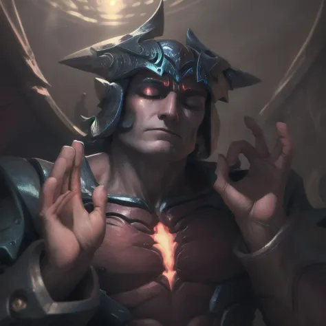 Highly detailed, High Quality, Masterpiece, beautiful, <lora:Aatrox-03:1.0> GodKing, glowing eyes, 1boy, solo, <lora:PachaMeme:0.9>, PachaMeme, closed eyes