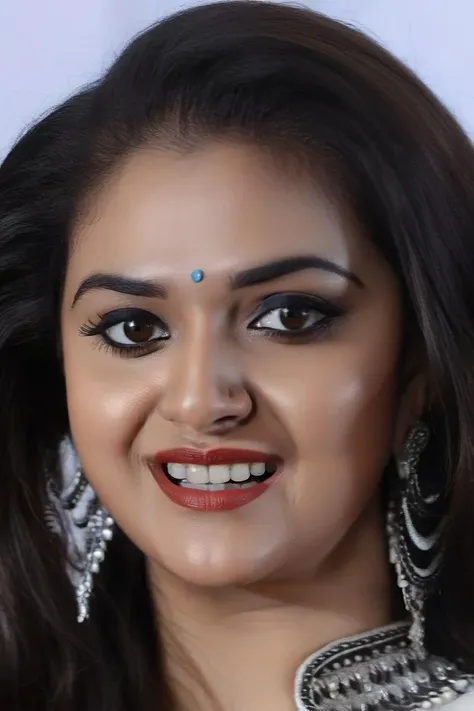 close up headshot photo of keerthy suresh woman, studio quality, subsurface scattering, high neck gown, looking at camera canon 5D, realistic skin texture, flowing hair, flat white background, laughing <lora:Keerthy_Suresh_SDXL:1>