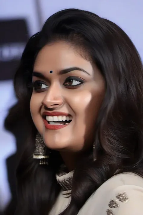 close up headshot photo of keerthy suresh woman, studio quality, subsurface scattering, high neck gown, canon 5D, realistic skin texture, flowing hair, flat white background, laughing <lora:Keerthy_Suresh_SDXL:1>