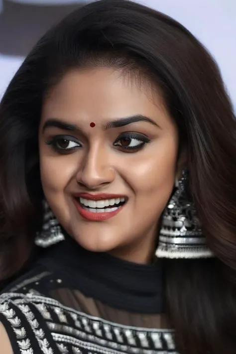 close up headshot photo of keerthy suresh woman, studio quality, subsurface scattering, high neck gown, canon 5D, realistic skin texture, flowing hair, flat white background, laughing <lora:Keerthy_Suresh_SDXL:1>