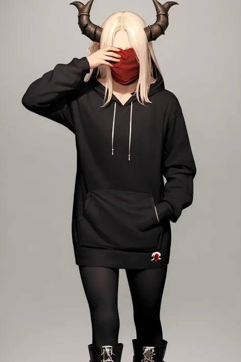 masterpiece, best quality, a horned longhaired redglowing eyes trichora (hoodie covering their face:1.2), wearing combat boots  <lora:trichora-000180:0.8>