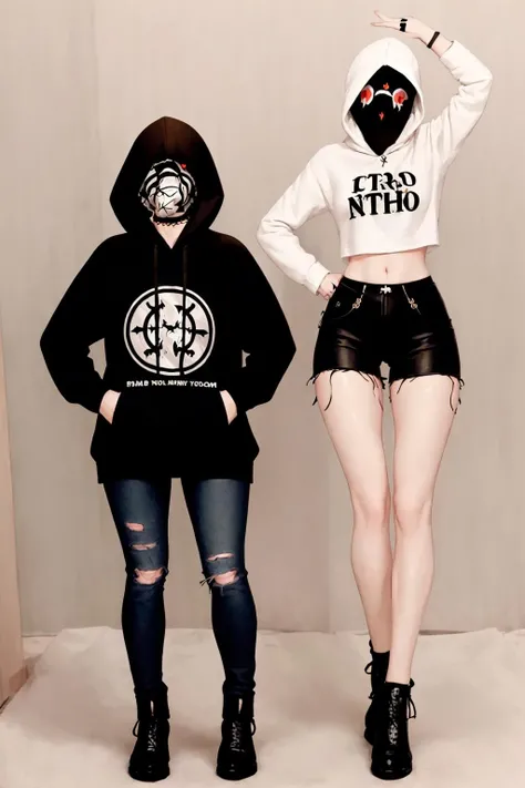 masterpiece, best quality, a beautiful womans figure. full body, the person is skinny with slim figure wearing tightblack ripped jeans and (trichora hoodie covering their face) <lora:trichora-000180:1>