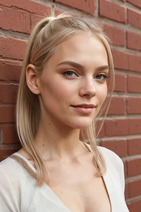 , in ponytail, standing in front of a red brick wall, (closeup), cleavage      al3xa-001