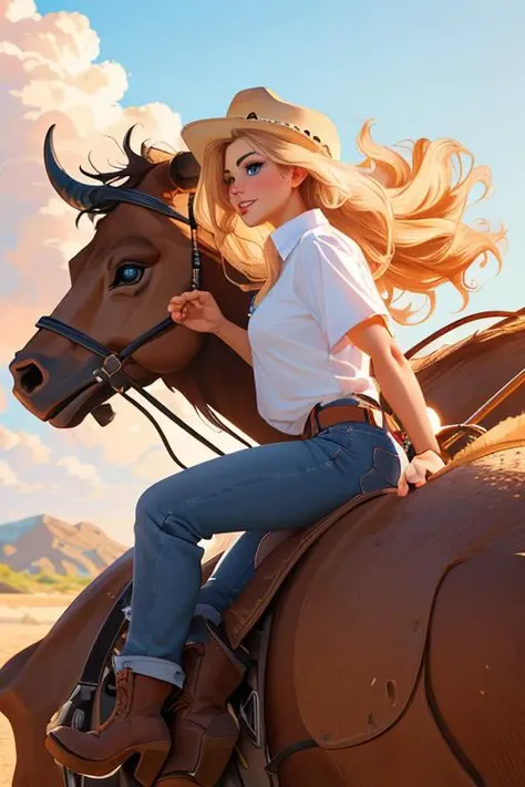 (anime, masterpiece, intricate:1.3), (best quality, hires textures, high detail:1.2), (4k),(incredibly detailed:1.4), perfect anatomy, correct sense of scale,
side lighting, feminine body, Beautiful white skin ,blond hair, long hair , high layer, high layer long. curly hair, shaggy cut, ponytail, beautiful shiny skin, blue eyes, marine blue eyes, drooping eyes, disheveled hair, oval-faced, slim, big breasts, lips, Sexy mouth, high pointed nose, (nostrils:1.3), neatly drawn nose, adult, ,1woman,woman in her 30s, beautiful fingers, whole body,
shirt, jeans, western boots, cowboy hat, smile, From the side, profile,
rodeo, rodeo tournament, Bull Riding, she's riding a rampaging bull, straddle a raging bull, ferocious bull, A violent bull, Riding and controlling a fierce bull, sand smoke, A rampaging bull raising sand smoke, A bull raises its hind legs and goes wild, al3xa-001