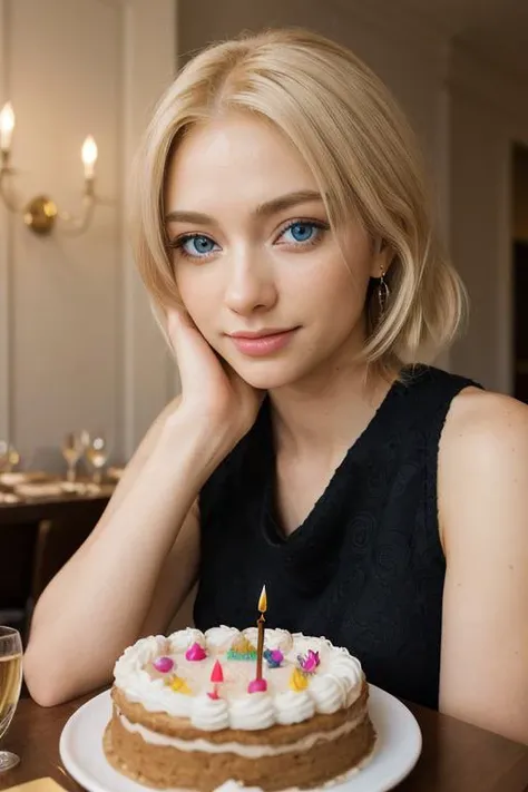 (anime, masterpiece, intricate:1.3), (best quality, hires textures, high detail:1.2), (4k),(incredibly detailed:1.4), perfect anatomy, correct sense of scale, side lighting, feminine body, shiny skin ,blond hair , curly hair, high layer, high layer long, shaggy cut, ponytail, blue eyes, marine blue eyes, drooping eyes, disheveled hair, oval-faced, slim, big breasts, constricted waist, nice body, lips, Sexy mouth, high pointed nose, (nostrils:1.3), neatly drawn nose, adult, ,1woman,woman in her 30s, beautiful fingers, beautiful white skin, smile, earrings, Very happy,
knit dress,
birthday party at restaurant, birthday cake, Champagne, luxurious meal, 1 birthday present on the table, al3xa-001