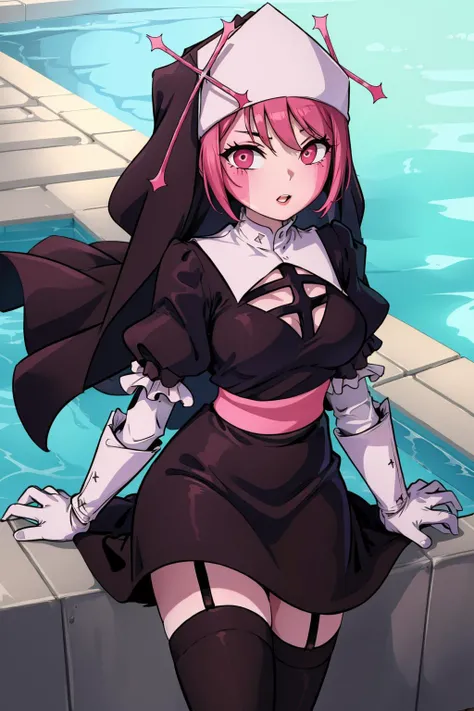 at a rooftop pool, panoramic view, sunbathing, relaxation, sarventedef, colored skin, habit, dress, long sleeves, puffy sleeves, thighhighs, garter straps, white gloves, cross, <lyco:fnf_mfm_sarvente-16:1>, <lora:add_detail:0.3>