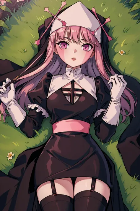 at a meadow, wildflower carpet, gentle grass, serene ambiance, sarventedef, colored skin, habit, dress, long sleeves, puffy sleeves, thighhighs, garter straps, white gloves, cross,  <lyco:fnf_mfm_sarvente-16:0.9>, <lora:add_detail:0.3>