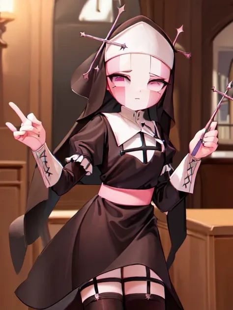 ((best quality)), ((masterpiece)), (detailed), absurdres, HDR, dynamic pose, cowboy shot, 1girl, solo, sarventedef, colored skin, habit, dress, long sleeves, puffy sleeves, thighhighs, garter straps, white gloves, cross, habit, catholic, nun, church, restroom, counter, office, rural, stage, bar \(place\), cassock, living room <lora:ChromaticAberration:0.45> <lora:add_detail:0.27> <lyco:fnf_mfm_sarvente-16:1.0>, detailed skin texture, (blush:0.2), (goosebumps:0.3), subsurface scattering