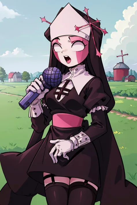 at a farm, barns and silos, working fields, rural, sarventedef, colored skin, habit, dress, long sleeves, puffy sleeves, thighhighs, garter straps, white gloves, cross, holding microphone, <lyco:fnf_mfm_sarvente-16:1>, <lora:add_detail:0.3>