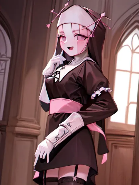 ((best quality)), ((masterpiece)), (detailed), absurdres, HDR, dynamic pose, cowboy shot, 1girl, solo, wide smile, sarventedef, colored skin, habit, dress, long sleeves, puffy sleeves, thighhighs, garter straps, white gloves, cross, habit, catholic, nun, church, restroom, counter, office, rural, stage, bar \(place\), cassock, living room <lora:ChromaticAberration:0.45> <lora:add_detail:0.27> <lyco:fnf_mfm_sarvente-16:1.0>, detailed skin texture, (blush:0.2), (goosebumps:0.3), subsurface scattering