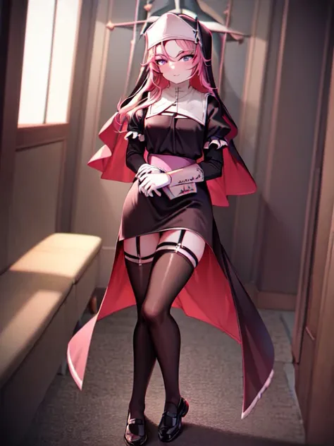 ((best quality)), ((masterpiece)), (detailed), absurdres, HDR, dynamic pose, cowboy shot, 1girl, solo, wide smile, sarventedef, colored skin, habit, dress, long sleeves, puffy sleeves, thighhighs, garter straps, white gloves, cross, habit, catholic, nun, church, restroom, counter, office, rural, stage, bar \(place\), cassock, living room <lora:ChromaticAberration:0.45> <lora:add_detail:0.27> <lyco:fnf_mfm_sarvente-16:1.0>, detailed skin texture, (blush:0.2), (goosebumps:0.3), subsurface scattering