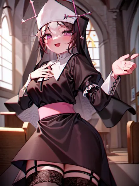 ((best quality)), ((masterpiece)), (detailed), absurdres, HDR, dynamic pose, cowboy shot, 1girl, solo, wide smile, sarventedef, colored skin, habit, dress, long sleeves, puffy sleeves, thighhighs, garter straps, white gloves, cross, habit, catholic, nun, church, restroom, counter, office, rural, stage, bar \(place\), cassock, living room <lora:ChromaticAberration:0.45> <lora:add_detail:0.27> <lyco:fnf_mfm_sarvente-16:1.0>, detailed skin texture, (blush:0.2), (goosebumps:0.3), subsurface scattering