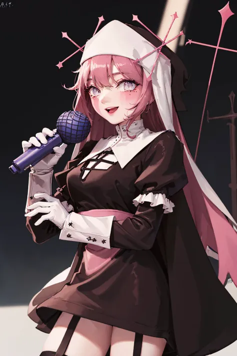 (masterpiece, best quality:1.2), <lyco:fnf_mfm_sarvente-16:1.0>, cowboy shot, solo, 1girl, sarventedef, colored skin, smile, holding microphone, habit, dress, long sleeves, puffy sleeves, thighhighs, garter straps, white gloves, cross