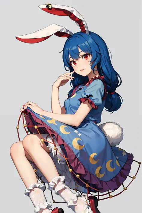 masterpiece, best quality, <lora:seiran:1>,seiran \(touhou\),1girl,rabbit ears,earclip,long hair, blue hair, red eyes, puffy short sleeves, blue dress,frilled dress, crescent print, star print, bloomers,white socks,grey background,