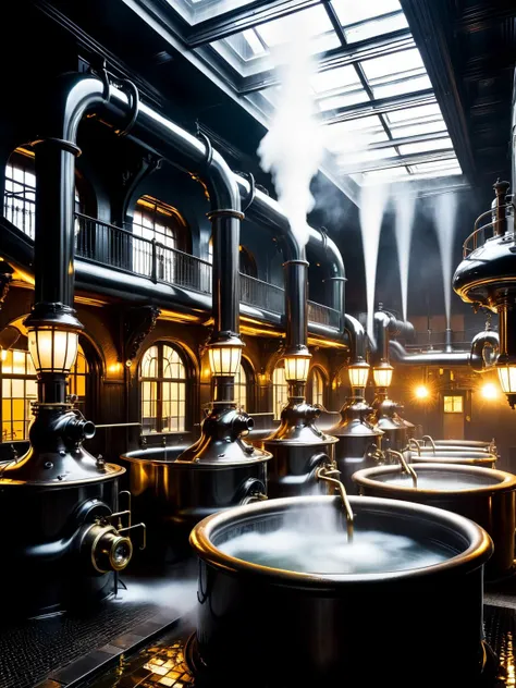 A bustling Victorian-era bathhouse, where patrons soak in steaming vats of shimmering ral-motoroil, believed to possess revitalizing properties. Cog-powered machinery churns and pipes snake overhead, while attendants in brass goggles scrub bodies with brushes dipped in fragrant oil. <lora:ral-motoroil-sdxl:1> <lora:EnvyBetterHiresFixXL01:0:hr=1>