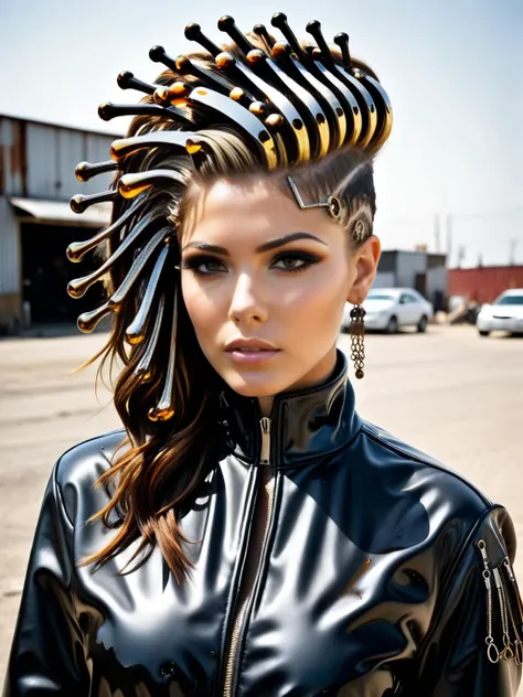 A post-apocalyptic hairstylist, wielding makeshift combs and brushes sculpted from scrap metal. She crafts gravity-defying hairstyles for her clients, adorned with trinkets salvaged from car engines and gleaming with a slick coat of ral-motoroil. <lora:ral-motoroil-sdxl:1> <lora:EnvyBetterHiresFixXL01:0:hr=1>
