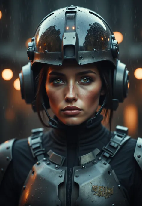 cinematic film still portrait of a solo female mech pilot standing in front of her (large combat mech:1.3), scifi armor, military base, heavy rain, full scifi helmet, visor, detailed eyes, dry skin, skin fuzz, visible skin hair, skin blemishes
,, shallow depth of field, vignette, highly detailed, high budget Hollywood film, bokeh, cinemascope, moody, epic, gorgeous, film grain