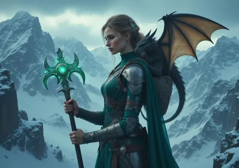 high definition, extremely detailed, 
masterpiece, photo realistic, 
In a realm where magic weaves through the air like whispers, a 19-year-old girl named thomasinara stands atop the snowy mountain peak, 
With her enchanted staff, she conjures spells that shimmer with ethereal light. Perched on her shoulder is her loyal companion, a ***** dragon named Drogon, whose scales glisten like emeralds. Together, they navigate the mystical landscapes, their bond unbreakable. 
 In this fantastical world, she is both warrior and protector, a symbol of courage and magic intertwined.
polishswordsman