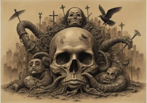 painting of a person standing in front of a large group of skulls, concept art inspired by zdzisław beksinski, tumblr, gothic art, z. beksinski, ( beksinski ), beksinski painting, zdizslaw beksinski, highly detailed beksinski art, beksinski ”, beksinski style