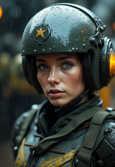 cinematic film still portrait of a solo female mech pilot standing in front of her (large combat mech:1.3), scifi armor, military base, heavy rain, full scifi helmet, visor, detailed eyes, dry skin, skin fuzz, visible skin hair, skin blemishes
,, shallow depth of field, vignette, highly detailed, high budget Hollywood film, bokeh, cinemascope, moody, epic, gorgeous, film grain ,caldariflux