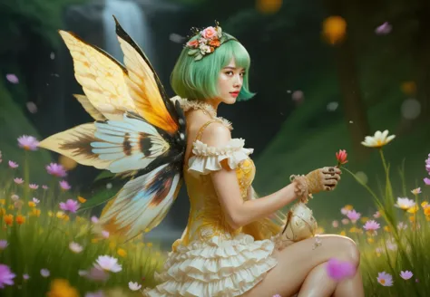 cinematic, 8k uhd, dslr, hdr: A airy fantasy angel-winged scandinavian woman with vibrant green hair styled in a bob cut, adorned with delicate flowers. Her large, colorful wings display shades of yellow, orange, and black, resembling those of a fairy wings. She wears a frilly, white and gold outfit that highlights her slender figure, with matching gloves and sandals. Her expressive eyes and graceful pose exude a sense of ethereal beauty. red nails, looked back,
Background: Enchanted meadow filled with blooming wildflowers of various colors, with soft sunlight filtering through the trees. The air is filled with floating, glowing particles, giving the scene a magical, serene atmosphere. A gentle breeze causes the flowers and grass to sway, adding to the tranquil setting.waterfall in the background